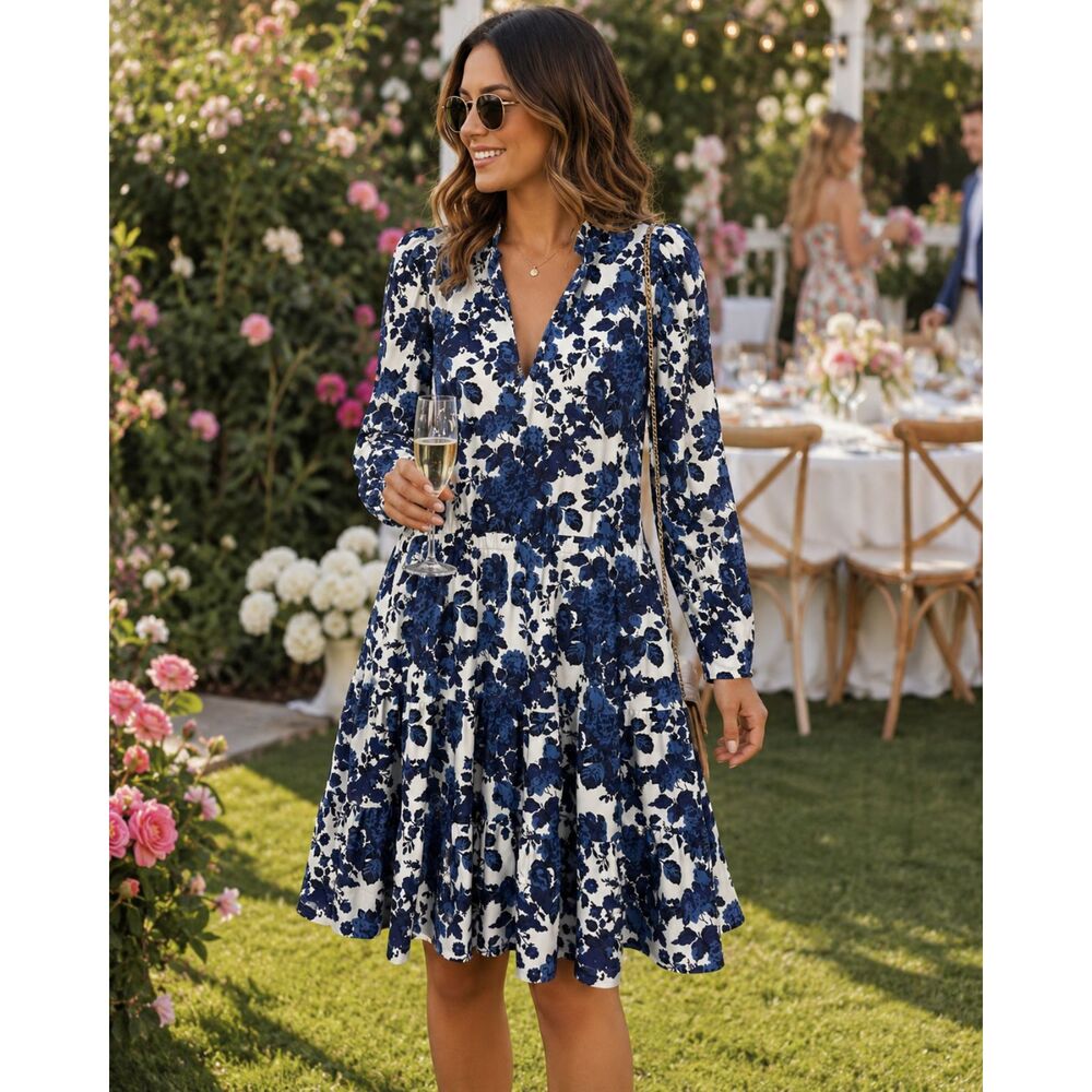 Smith & Quinn Women Size M Blue Floral Tiered Drop Waist Mini Dress Preppy